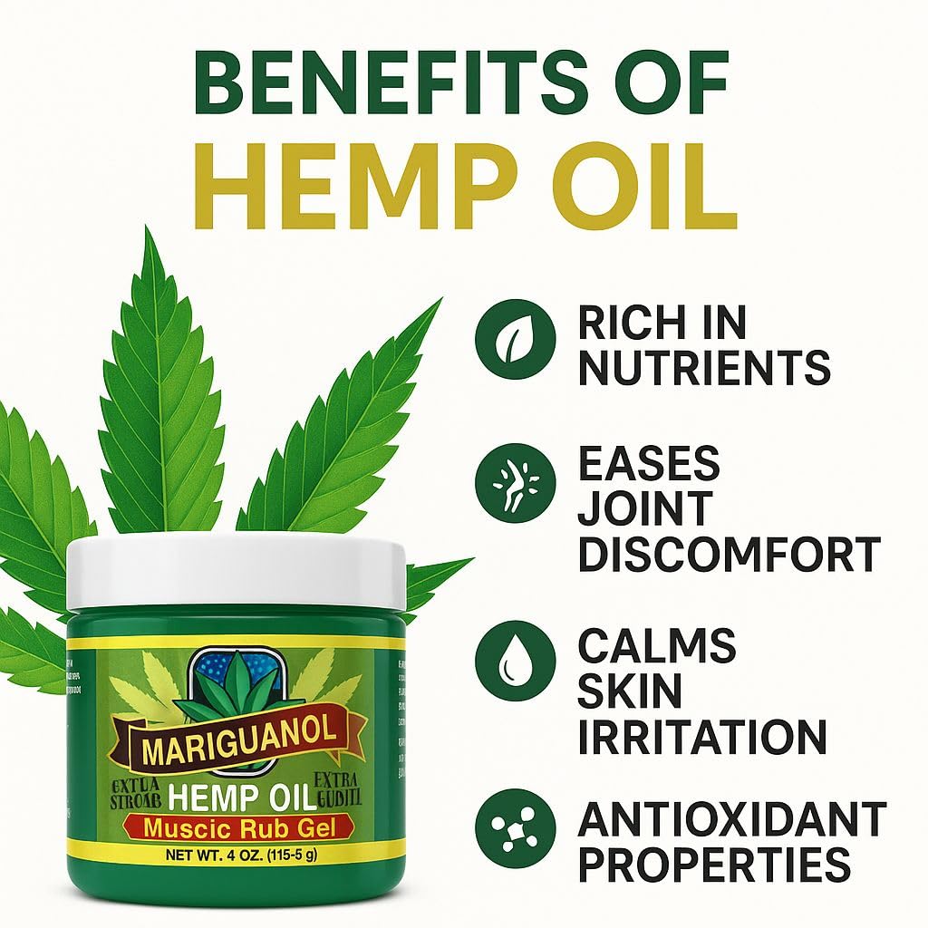 Mariguanol Extra Strong Muscle Rub Gel with Hemp Oil, Menthol & Camphor – Cooling, Fast-Absorbing Topical Gel for Post-Workout Active Lifestyles – Net Wt. (4 Ounce (Pack of 1))