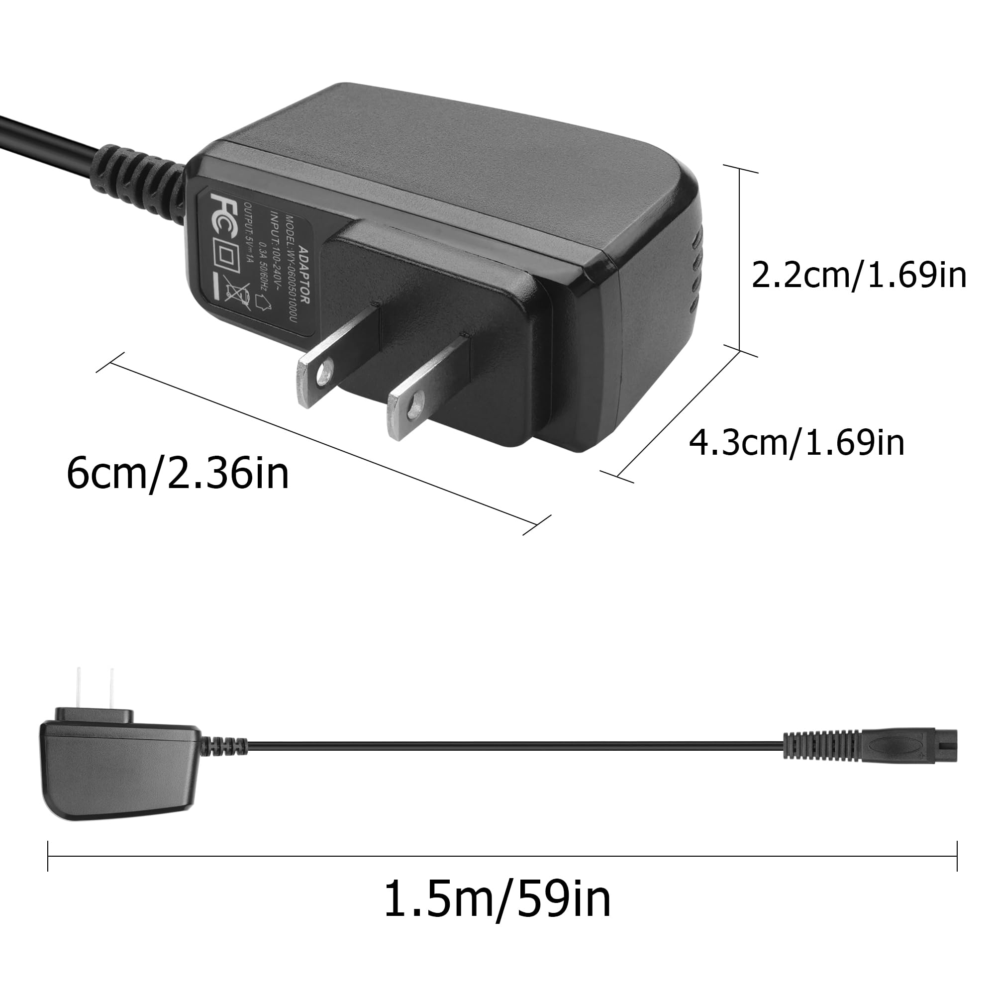 YAODHAOD 5V 1A Adapter for Andis Shaver Charger Power Cord, Replacement Charger Compatible with 17150 17165 TS-1 TS-2 Foil Shaver Charging Cord Adapter-5FT/1.5M