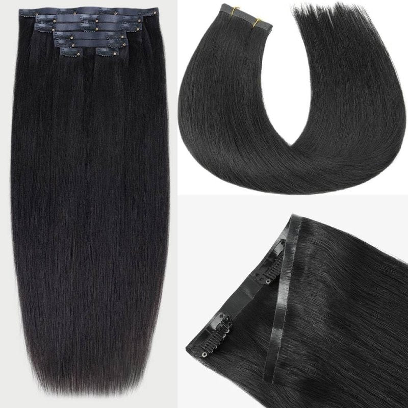 Yaki Straight Seamless Human Hair Clip in Extensions Full Max with 100% Real Soft Human Remy Human Hair Yaki Straight Clip Ins 7Pcs Per Set Natural Black (Yaki Stright, 16Inch)