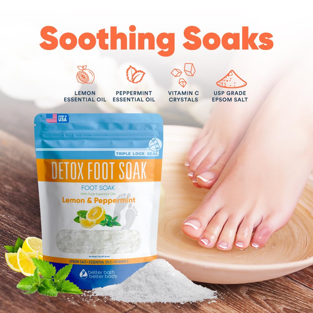 Detox Foot Soak Salts 32 Ounces with Lemon, Peppermint, Lavender Frankincense Essential Oils BPA Free Pouch with Easy Press-Lock Seal Soothe Athletes Foot, Soften Calluses, Relax Tired Feet
