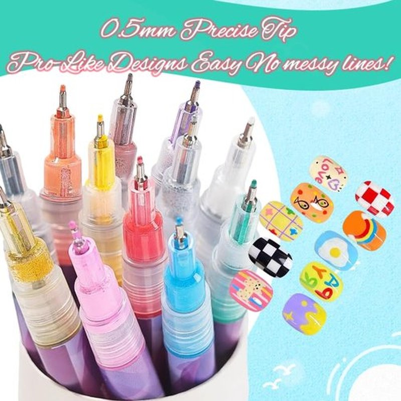 12 Colors Nail Art Pens Set, Nail Art Markers Polish Pen for 3D Nail Art, Drawing Painting Liner Brush for DIY Nail Art Beauty Adorn Manicure Tools (1 box of 12 colors)