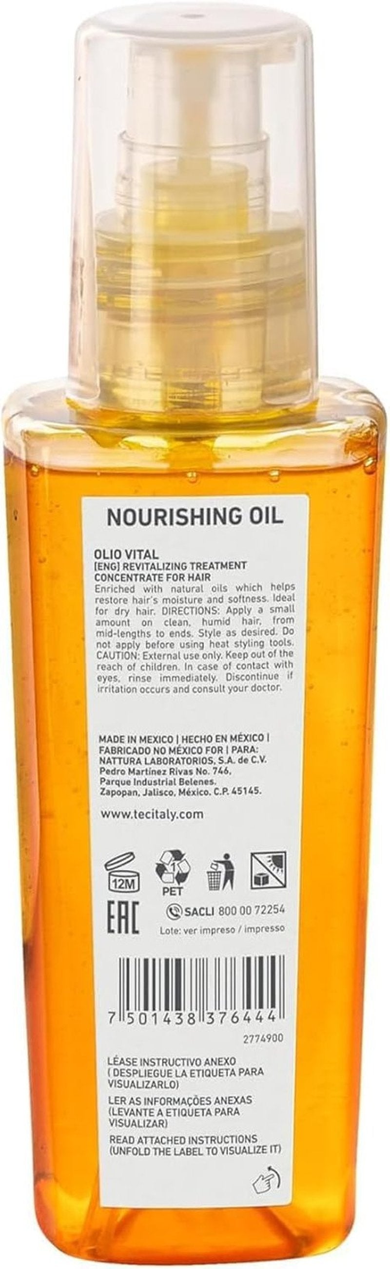 Tec Italy Olio Vital Hair Treatment for Dry & Damaged Hair, Deep Repair, Restores Softness, Shine & Strength, 4.22 fl oz (125 ml)