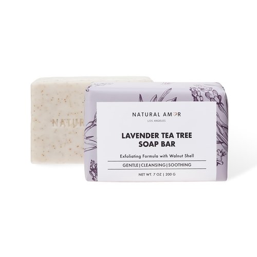Natural Amor Lavender Tea Tree Soap Bar 7oz – Natural Exfoliating Body Soap with Walnut Shell – Long-Lasting Triple Milled Moisturizing Bar for Men & Women