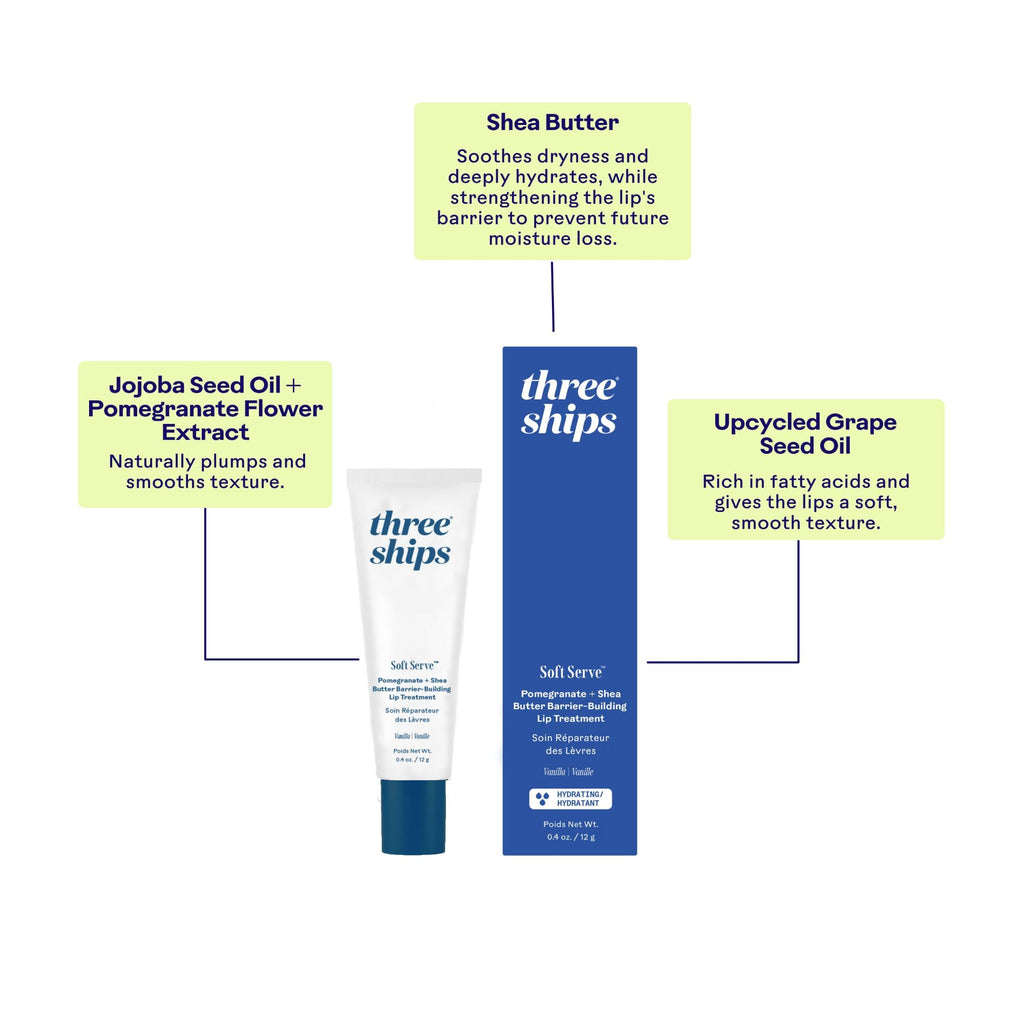 Three Ships - SoftServe Pomegranate + Shea Butter Barrier-Building Lip Treatment | Soften, Plump, Hydrate | Cruelty-Free, Vegan, Paraben-Free, Sensitive Skin Safe (12g | 0.4 oz)