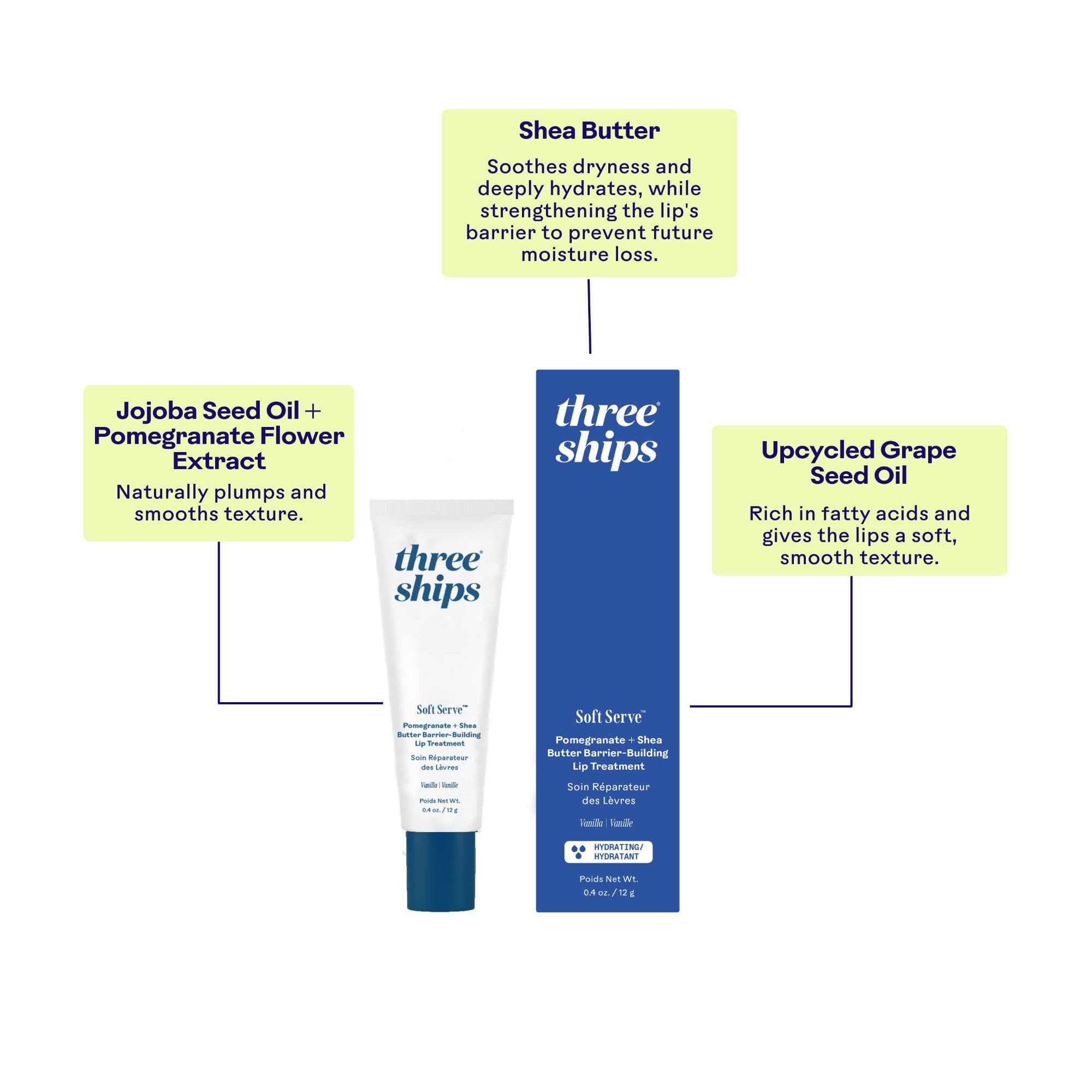 Three Ships - SoftServe Pomegranate + Shea Butter Barrier-Building Lip Treatment | Soften, Plump, Hydrate | Cruelty-Free, Vegan, Paraben-Free, Sensitive Skin Safe (12g | 0.4 oz)