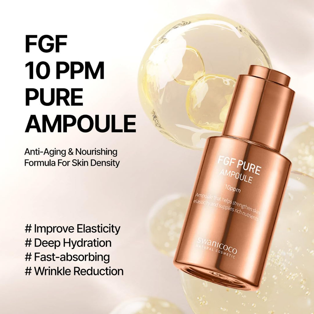 Swanicoco Pregnancy Safe Skincare FGF Pure Ampoule Serum (FGF 10 PPM), Firming Anti Aging, Hyaluronic Acids Glycerin Niacinamide, Improves Dermal Elasticity Reduces Fine Lines Hydrating 30ml 1 Fl Oz