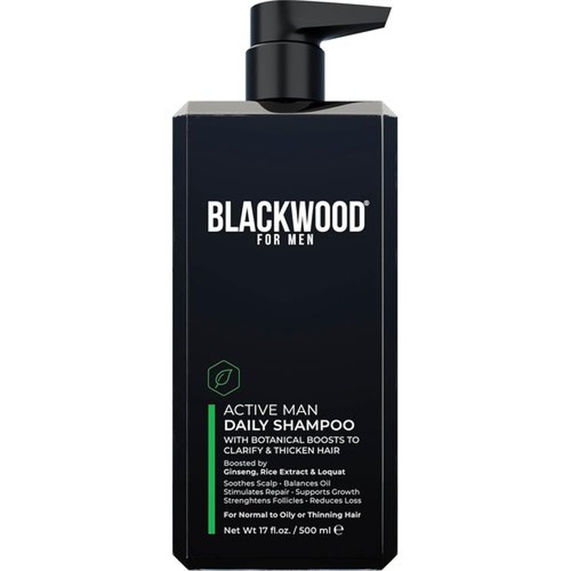Blackwood For Men Active Man Daily Shampoo - Thickening & Clarifying Formula for Oily Hair - Natural Vegan, Sulfate-Free with Ginseng & Aloe Vera (17oz)