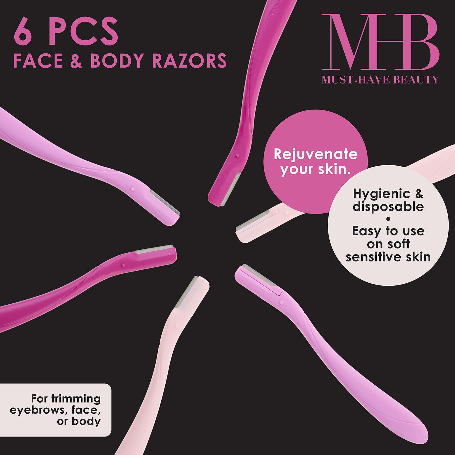 6pc Pink Dermaplaning Razor Set - Easy Grip Disposable Face & Body Razors