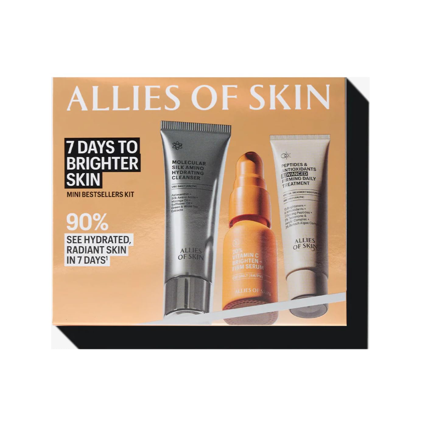 Allies of Skin 7 Days to Brighter Skin Kit - 3-Step Vitamin C Skincare Set with 20% Vitamin C Serum, Amino Acid Cleanser & Peptide Moisturizer