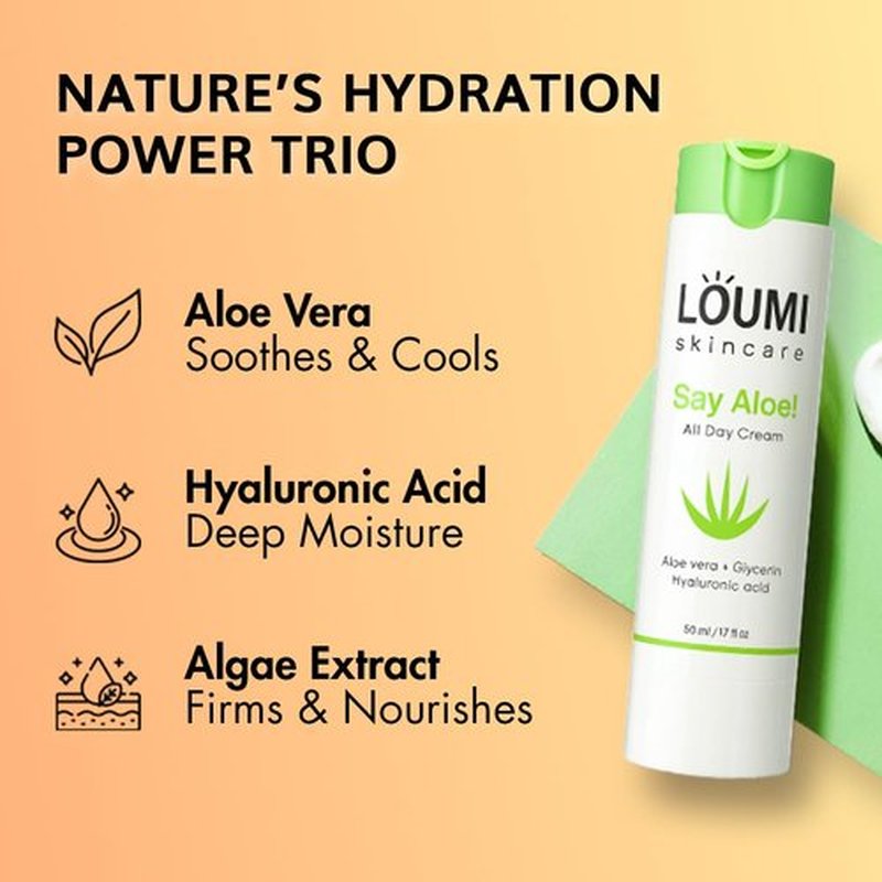 LOUMI Skincare Say Aloe All-Day Face Cream | Hydrating Aloe Vera & Hyaluronic Acid Moisturizer | Nourishes, Soothes & Softens Dry Skin | Natural, Vegan & Cruelty-Free | 1oz