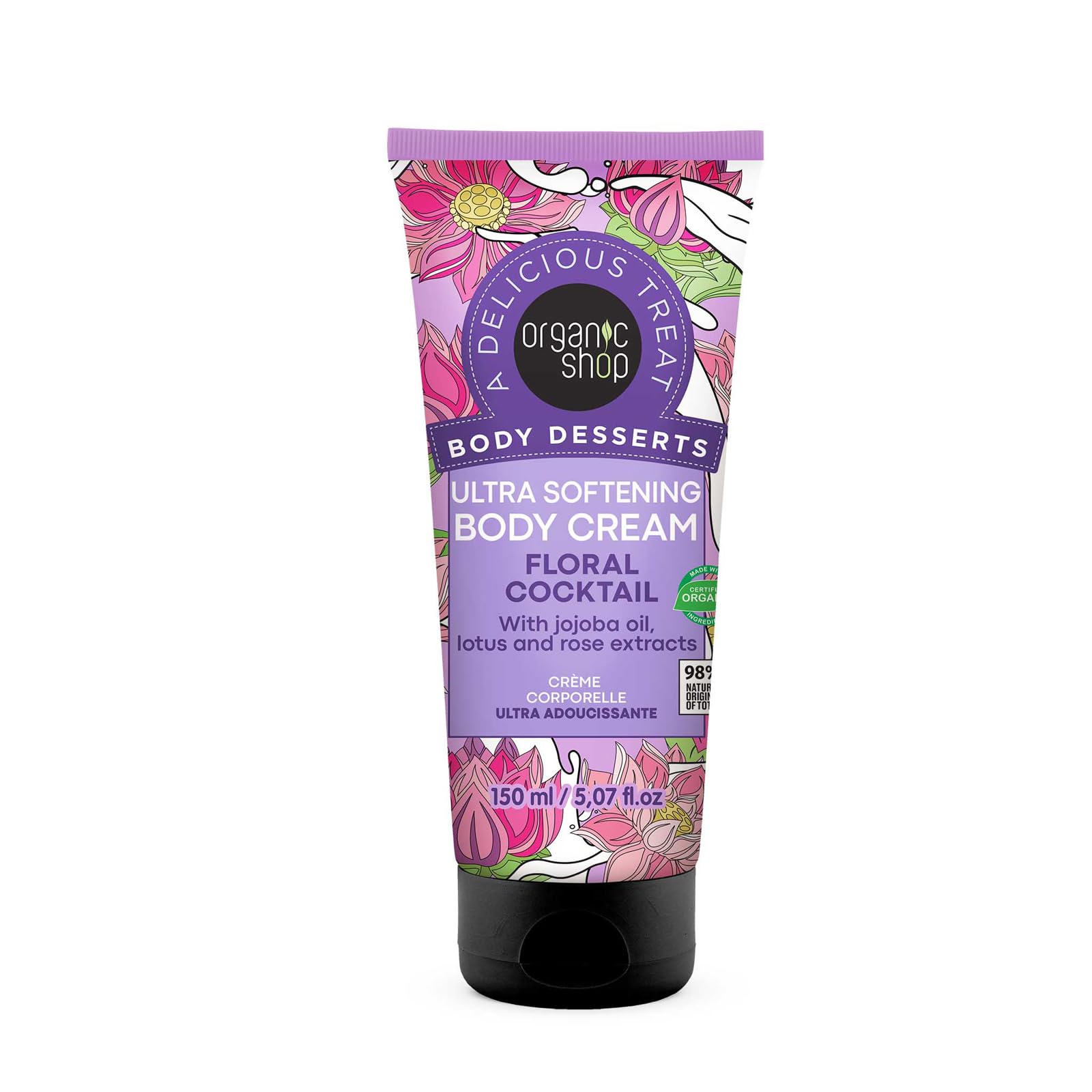 Organic Shop Jojoba Oil, Lotus & Rose Extract, Ultra Softening & Hydrating Body Cream, 100% Vegan & Organic, Daily Moisturizer, Body, Face & Hand Natural Lotion, Intensive Care Hydration. 150ml