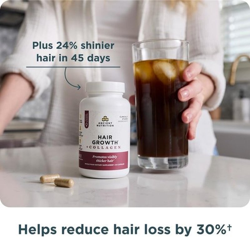 Ancient Nutrition Hair Growth Supplement - Hydrolyzed Collagen Peptides for Thicker, Fuller Hair | 60 Count
