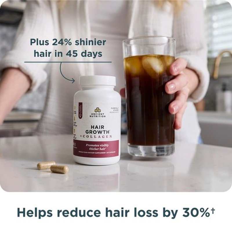 Ancient Nutrition Hair Growth + Collagen Supplement, Hydrolyzed Collagen Peptides, Clinically Studied Superfoods for Hair Growth Support, Thicker, Fuller Hair and Radiant Skin, 60 Count