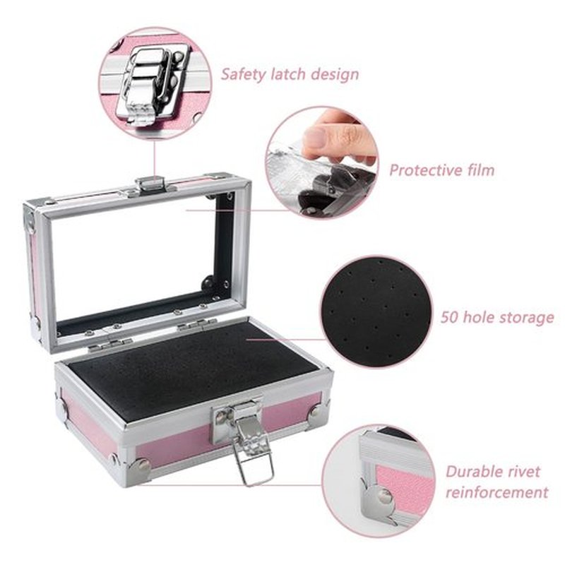 OLizee® 50 Holes Nail Drill Bits Holder with 7 Drill Bits Metal Nail Drill Tool Box Pink Nail Drill Bits Case Nail Drill Bits Organizer for Women Girls