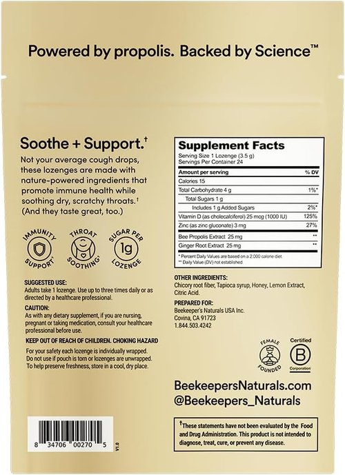 Beekeeper's Naturals Cough Drops - Soothing Honey Ginger Lemon Lozenges for Immune Support | 24 Ct