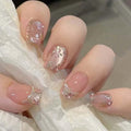 Hkanlre Flower Fake Nails Tips Pearl French Press on Nails Full Cover Square False Medium Nails for Women 24PCS