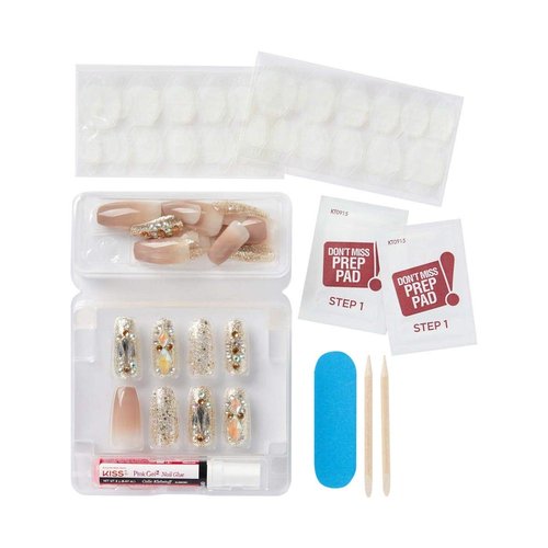 KISS Majestic Fake Nails, ‘My Crown’, High-End Gel Nails, 30 Reusable Long Length Coffin Shaped Glue-On & Press-On Jeweled Accent Glue On Nails