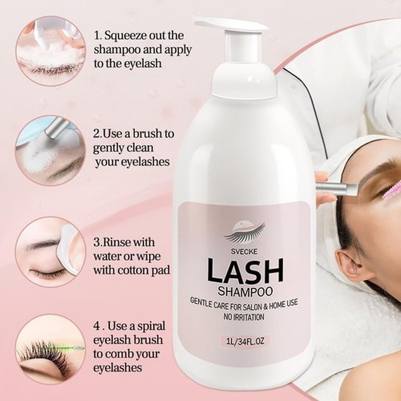 SVECKE Lash Shampoo 34fl.oz/1L, Eyelash Shampoo for Lash Extension, Eyelash Extension Cleanser, Lash Eyelid Foam Cleaning Kit for Salon Use and Home Use