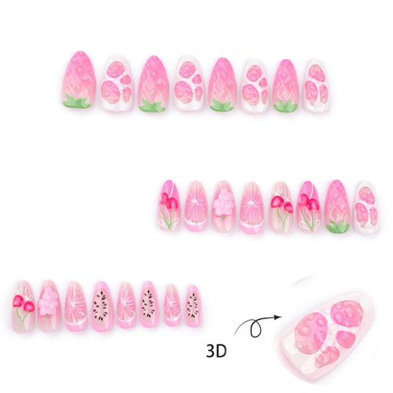 Handmade Press on Nails Pink Fake Nails with Cherry Oranges Strawberry 3D Designs 24 Pcs Medium Almonds Reusable Acrylic Nail Full Cover Stick on Nail for Summer Women No Glue WYFHDT