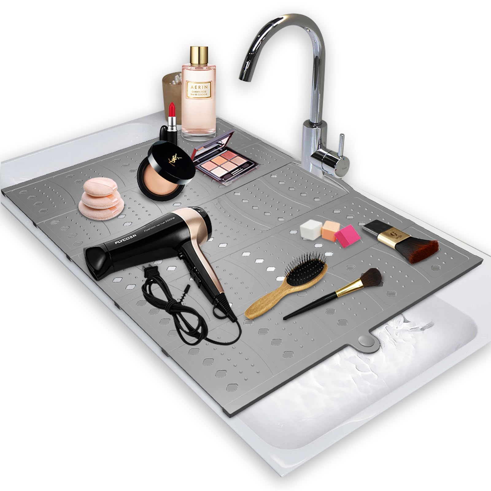 BRIAN & DANY Makeup Mat for Sink, Bathroom Sink Cover for Counter Space, Foldable Silicone Sink Mat Organizer Countertop RV Space Saver, Gray, 19.3" x 15.5"