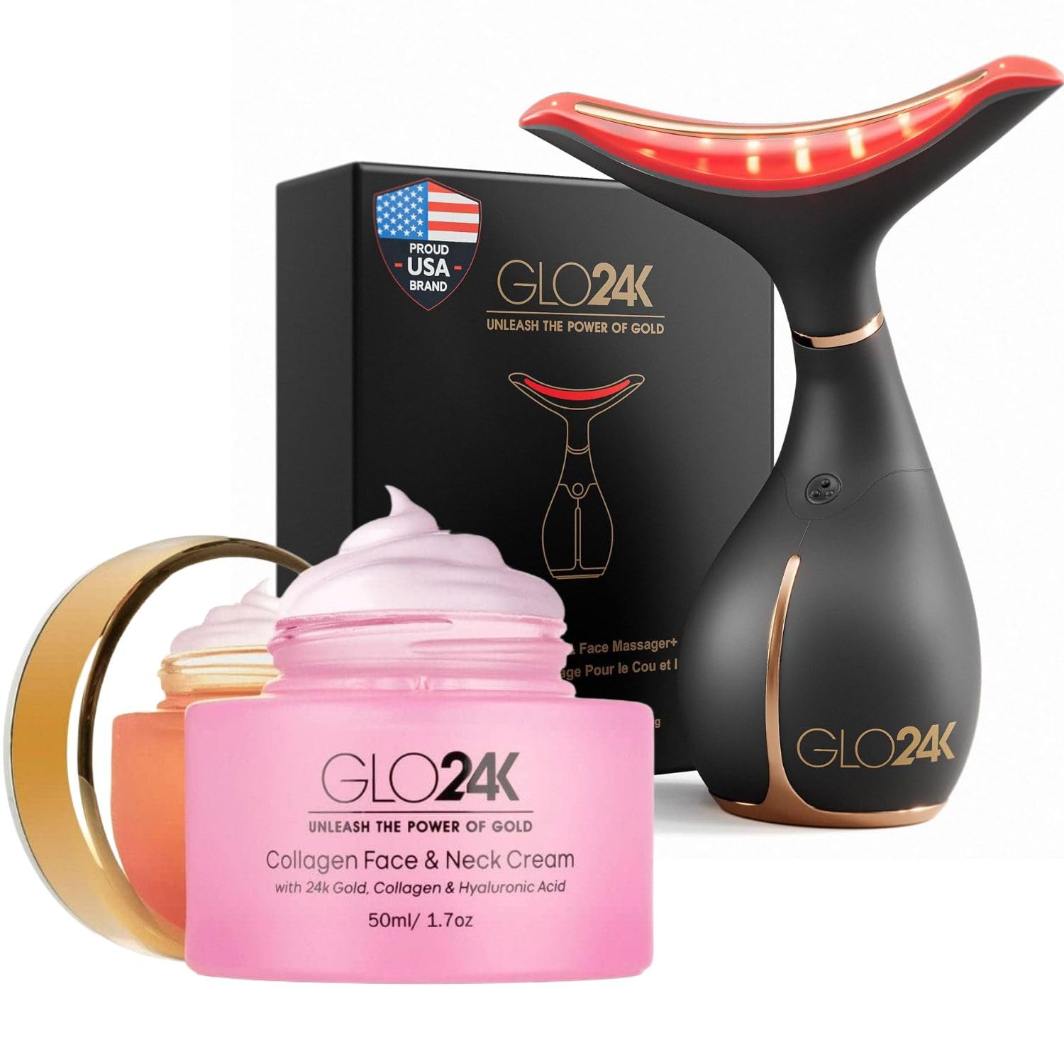GLO24K Red Light Facial Massager with 24K Gold Retinol Face Cream - Face & Neck LED Beauty Wand, 3-in-1 Vibration Beauty Tool & Collagen Hyaluronic Acid Moisturizer for Smoother-Looking Skin