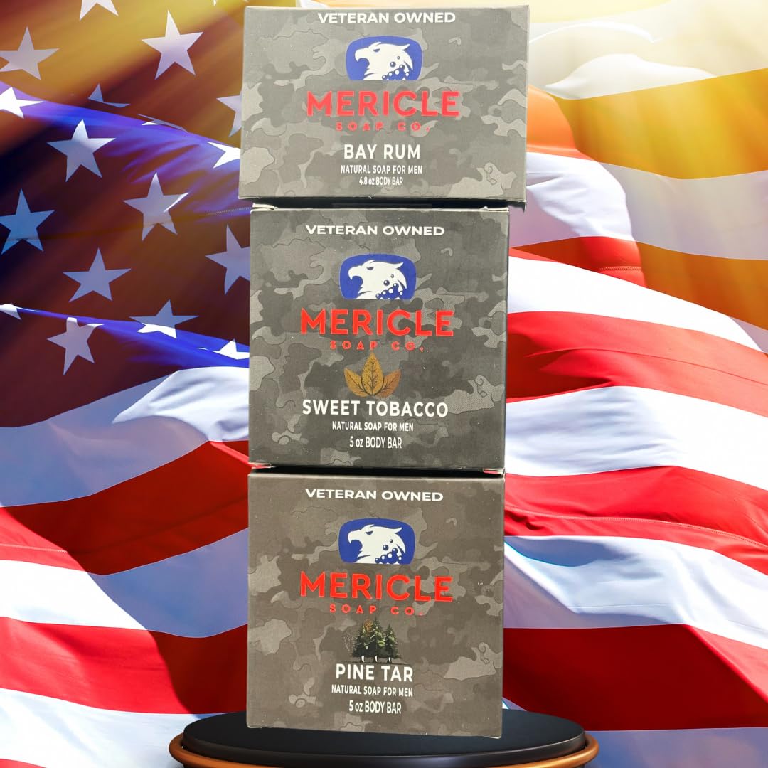 Mericle Soap Co. All Natural Bar Soap, 3 Bar Variety Pack- Bay Rum, Sweet Tobacco, & Pine Tar | Fan Favorites | Made in the USA | Veteran-Owned | Ideal for Men