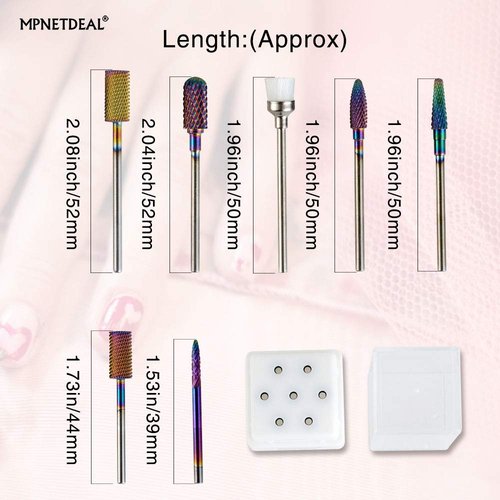 MPNETDEAL Tungsten Carbide Nail Drill Bits Set 7Pcs, Durable Less Dust, 3/32 inch for Acrylic Gel Nails Cuticle Manicure, Professional Acrylic Nail File Drill Bit