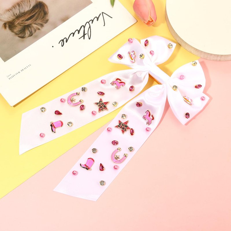 Western Hair Bows for Women Howdy Cowgirl Hair Bow Clips Cowboy Hat Boot Hair Ribbons Jeweled Big Pink Hair Bows Western Hair Accessories Bachelorette Rodeo Nashville Cowgirl Outfits Gifts (Pattern C)
