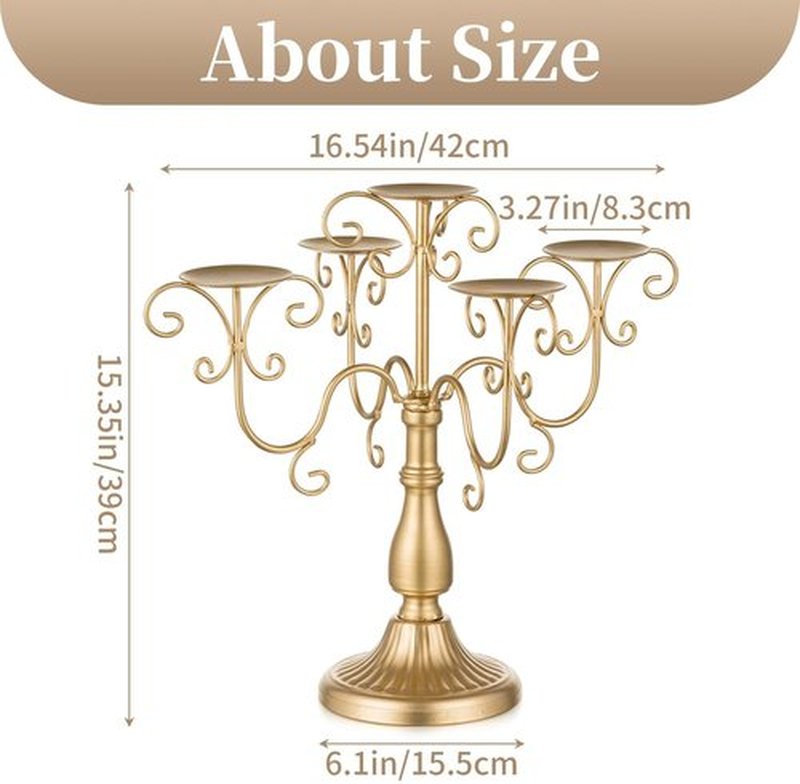 Sziqiqi Gold Candelabra Centerpiece - 5 Arm Pillar Candle Holder with Crystal Beads for Weddings & Events