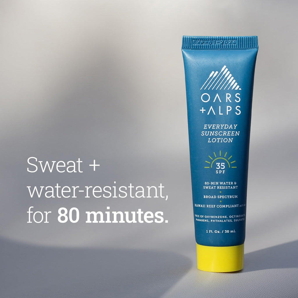 Oars + Alps Travel Sunscreen Body Lotion for Everday Use, SPF 35 Body & Face Sunscreen Lotion, Infused with Aloe & Vitamin E, No Residue, Water & Sweat Resistant, All Skin Types, Lightweight, 1oz, 5pk