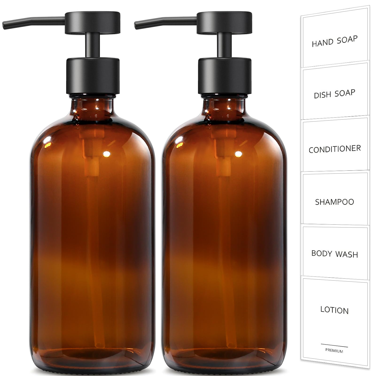 GMISUN Amber Glass Soap Dispenser, 2 Pack Bathroom Hand Soap Dispensers with Stainless Steel Flat Pump, 17 Fl Oz Kitchen Dish Soap Dispenser, Modern Vintage Liquid Brown Soap Dispensers Bottle Set
