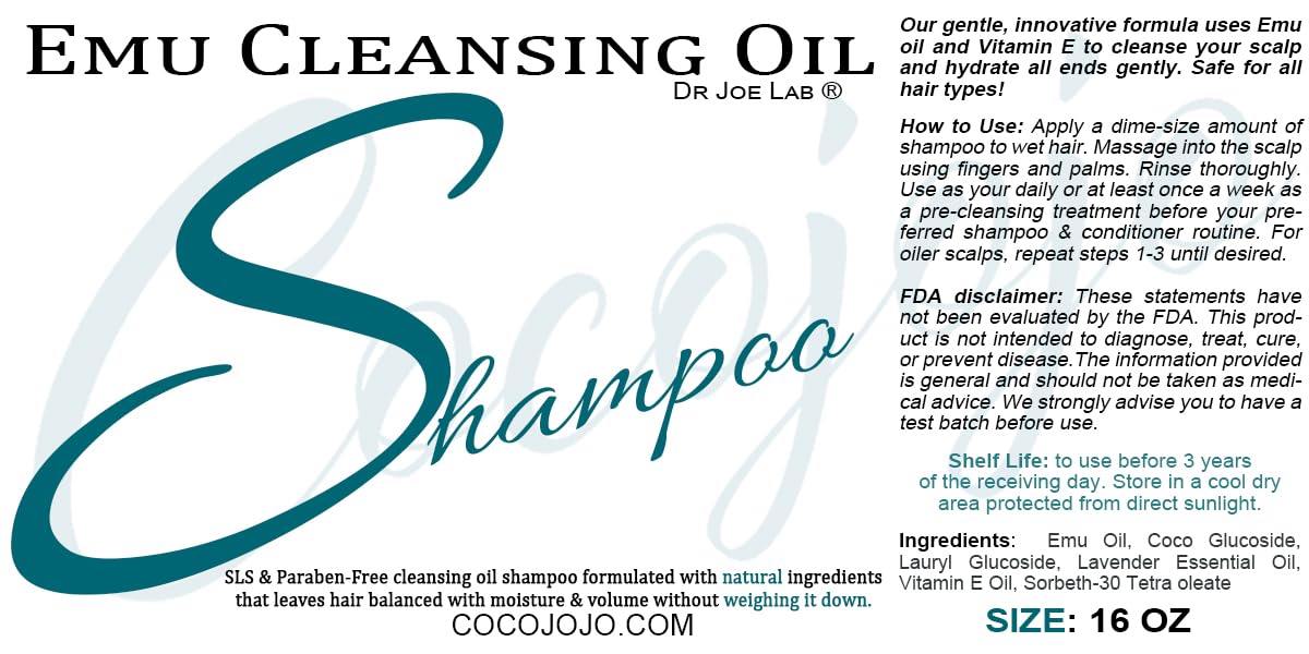 Dr Joe Lab Emu Oil Water-Free Cleansing Oil Shampoo - Nourishing - For Dry Dull hair - Vitamin E Oil - Soothing Intense Hydration Silkiness & Shine - 16 oz