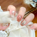 RikView Square Press on Nails Medium Fake Nails Golden Nails with Fireworks Design Glossy Hand Made Nails for Women 30 PCs/Set