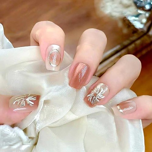 RikView Square Press on Nails Medium Fake Nails Golden Nails with Fireworks Design Glossy Hand Made Nails for Women 30 PCs/Set
