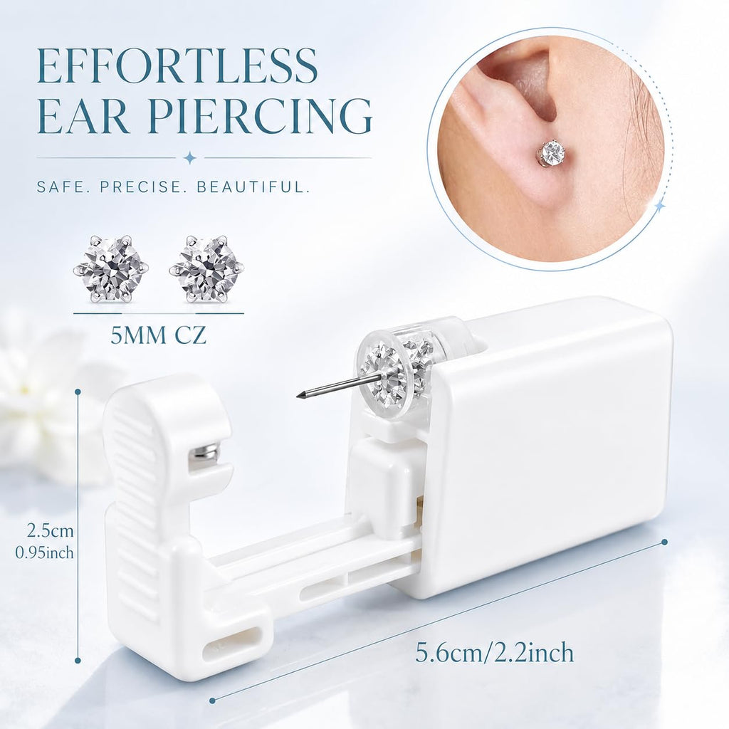Anzero Ear Piercing Kit Disposable Ear Piercing Gun Kit with Sterile CZ Studs, Painless Piercing Gun for Home Self-Use, Easy & Safe Piercing for Women, Men & Girls - 5MM