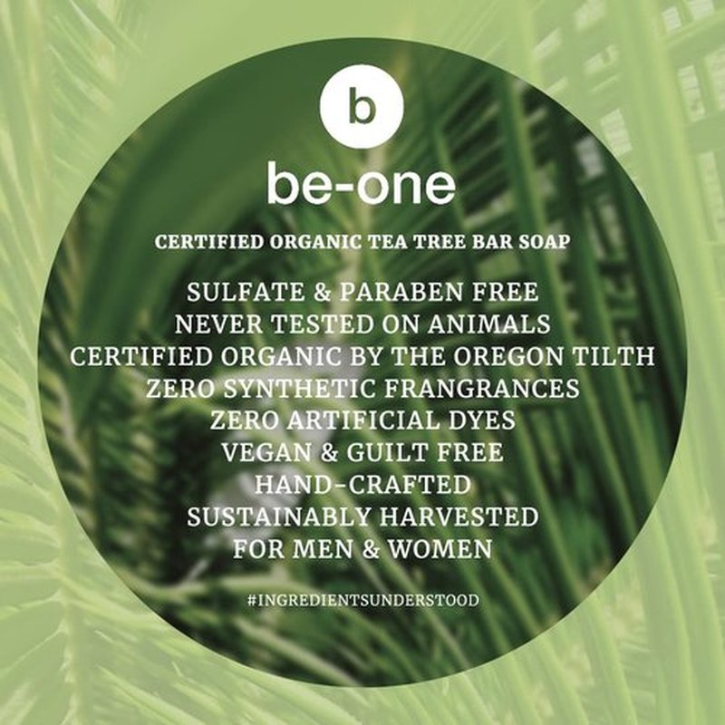 Certified Organic Tea Tree Bar Soap by Be-One - 2-Pack - 3.75 oz Bars - Vegan - Paraben & Sulfate Free - Sensitive Skin - Jock Itch - Acne - Eczema - All Natural - For Men & Women - MADE IN USA