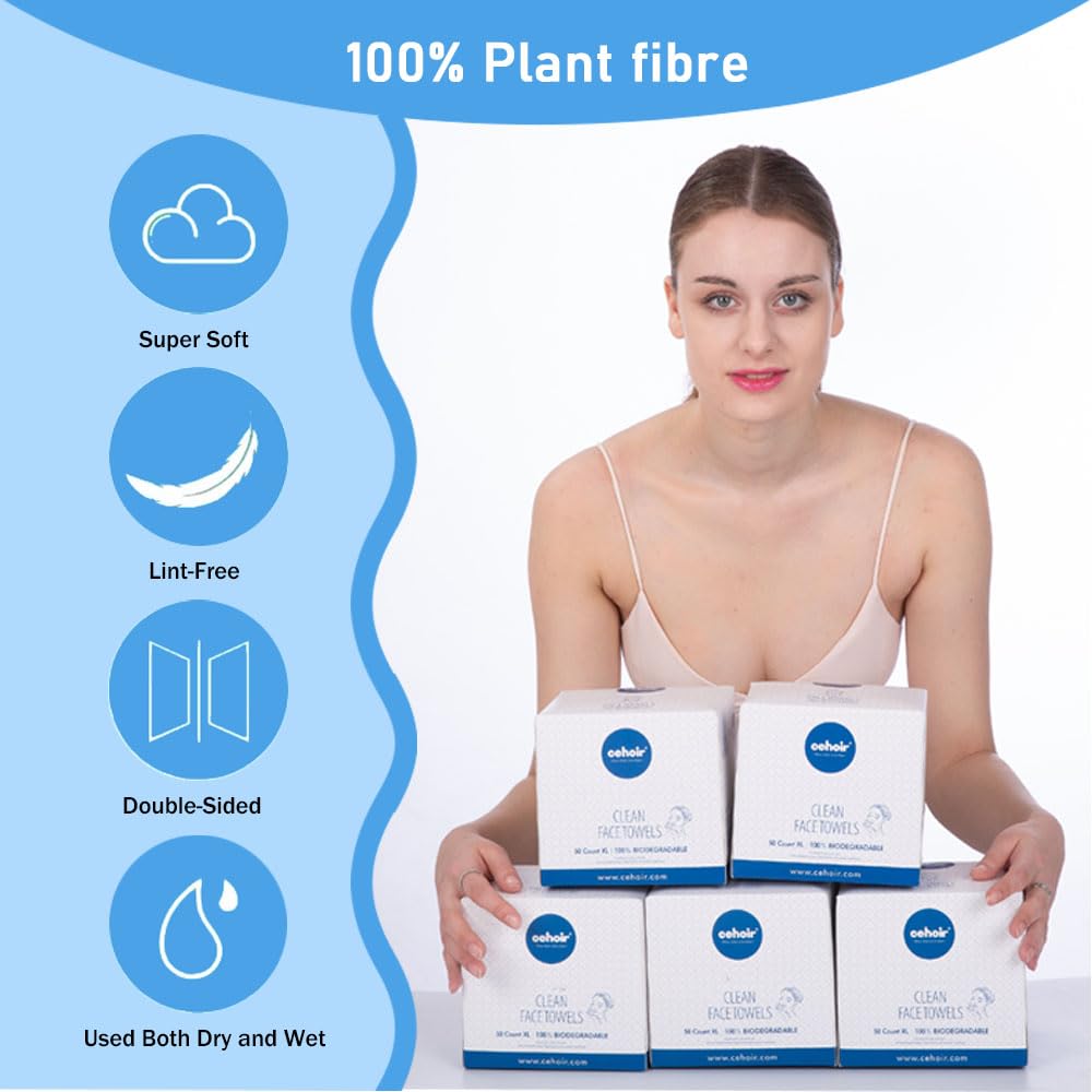 Cehoir Face Towels,Super Soft and Thickness XL:10x12 inches,Lint-Free Biodegradable Towels,Disposable Face Towel,Makeup Remover Dry Wipes,Clean Face Cloths for Sensitive Skin.(1 pack (50 counts))…