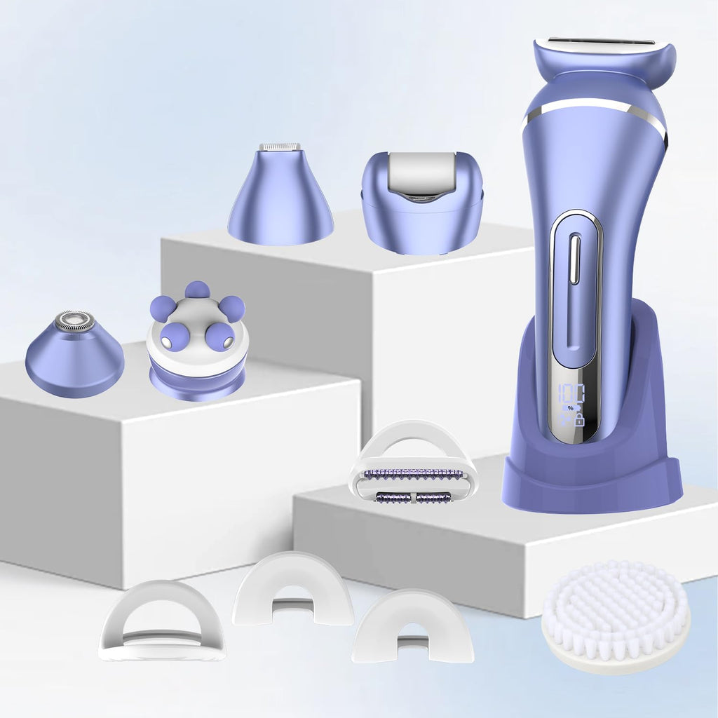 Electric Shavers for Women, 7 in 1 Hair Removal Kit with Epilator Bikini Trimmer Face Razor Body Brush Face Massager Foot Callus Remover, IPX7 Waterproof Lady Razors Set for Legs Armpit Bikini Pubic