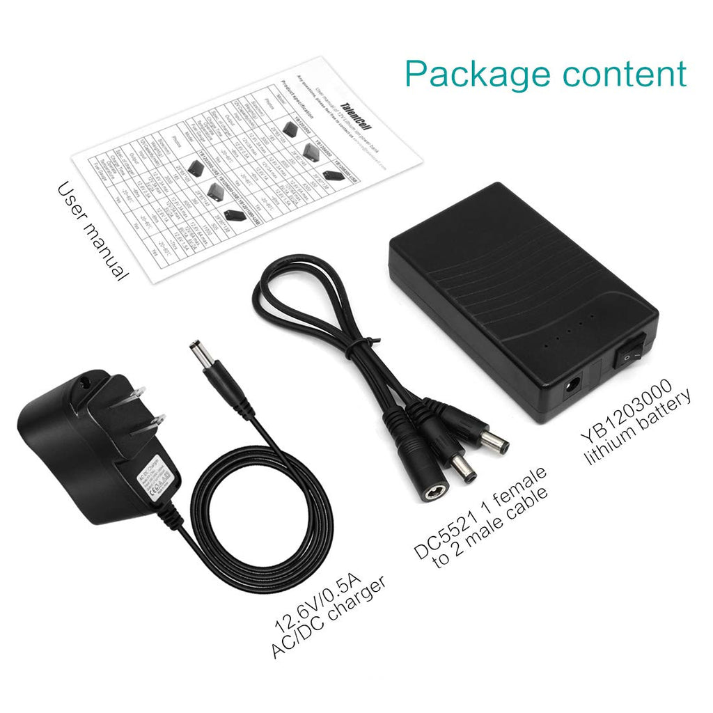 TalentCell 12V Power Bank, Rechargeable 12V 3000mAh DC Output Lithium ion Battery Pack with Charger for LED Strip/Light/Panel/Amplifier and CCTV Camera, Compatible with Spectra Pump/Telescope