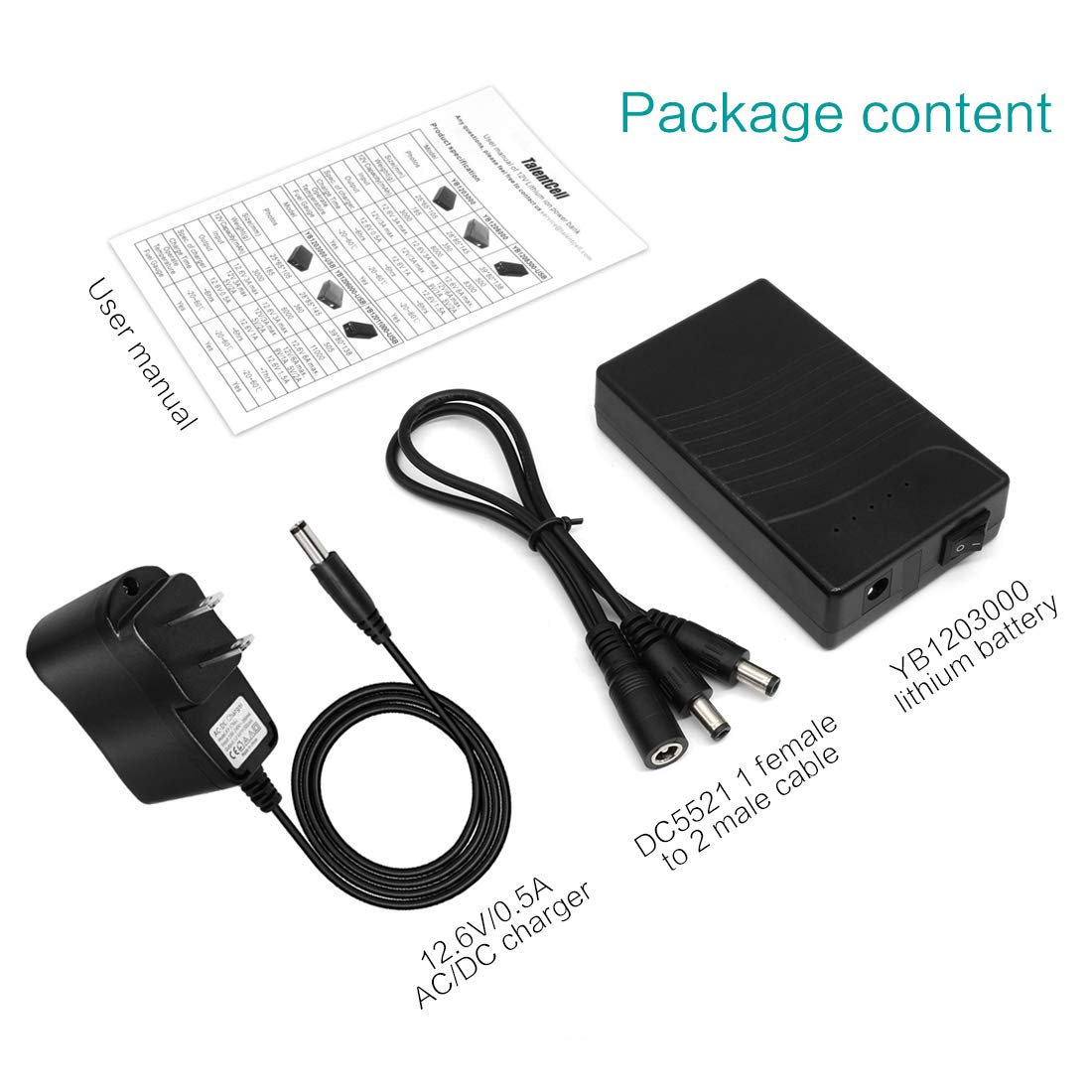 TalentCell 12V Power Bank, Rechargeable 12V 3000mAh DC Output Lithium ion Battery Pack with Charger for LED Strip/Light/Panel/Amplifier and CCTV Camera, Compatible with Spectra Pump/Telescope