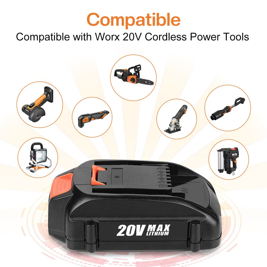20Volt Replace for Worx 20V Battery and Charger Kit, Compatible with Works 20Volt WA3520 WA3525 WA3575 WG151s WG251s WG540s WG545s WG890 WG891, with Worx 20V Battery Charger