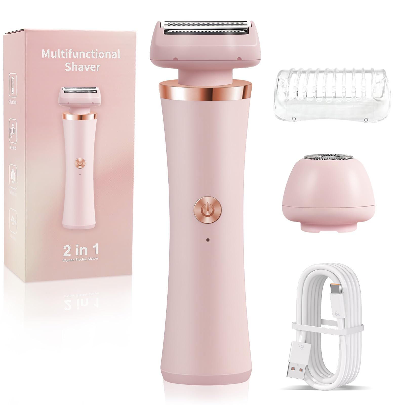 2-in-1 IPX7 Waterproof Wet Dry Bikini Shaver, Painless Wireless USB Rechargeable Portable Groomer for Women & Men Body Face