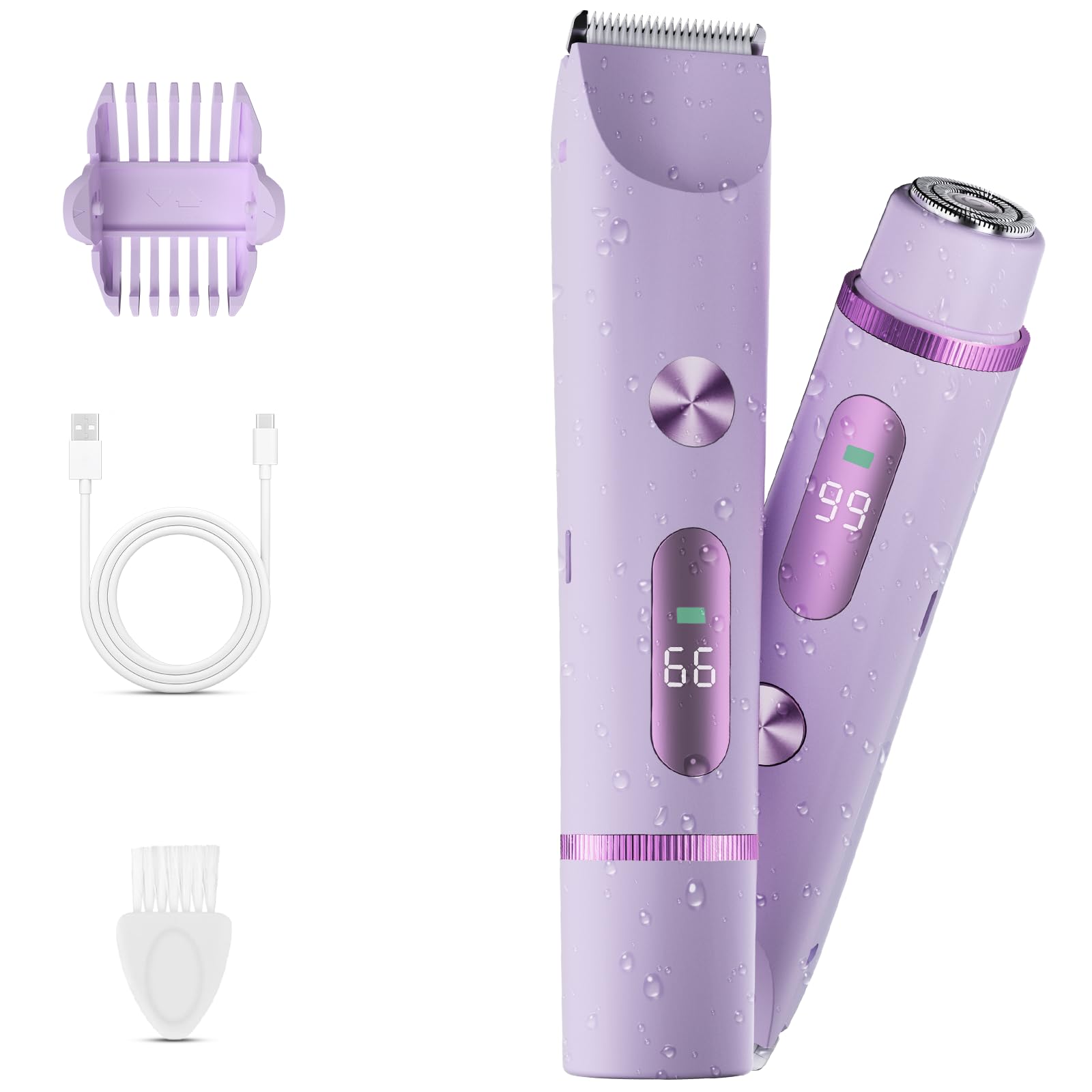 Bikini Trimmer for Women, 2 in 1 Electric Shaver for Women, Rechargeable Electric Razor Body Hair Trimmer Wet & Dry Use, Purple