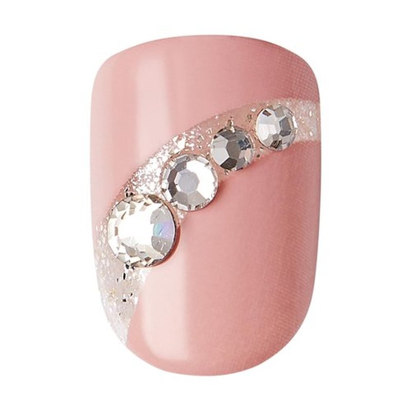 KISS Impress Press-On Manicure Fake Nails, Crystal Blossom - Short Length, Squoval Shape, Polish-Free Pink with Rhinestone Design Mani, Includes Prep Pad, Mini File, Manicure Stick, and 30 Fake Nails
