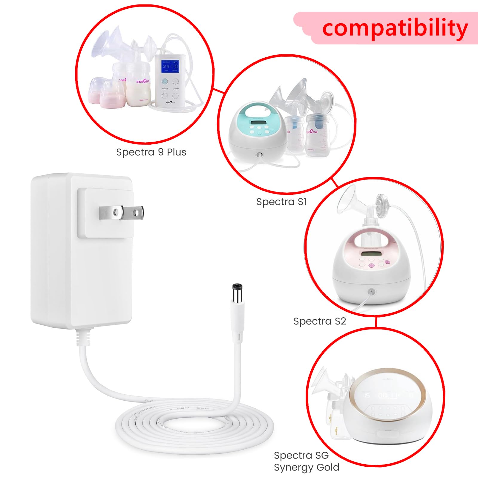 12V Charger Compatible with Spectra Breast Pump S2 S1, 6ft Power Cord Replacement fit for Electric Breast Pump S1 / S2 / S3 Pro / SPS100 / SPS200 / 9 Plus / M1 AC to DC Power Supply Adapter