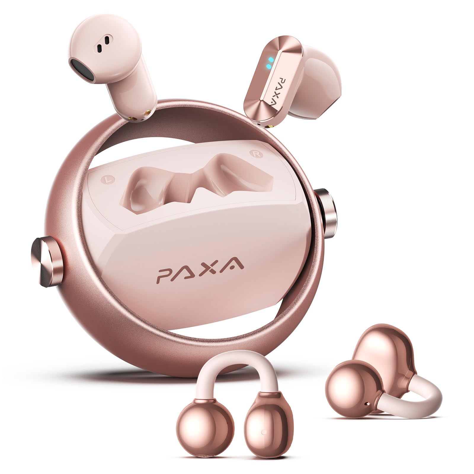 PAXA 2 in 1 Clip-on Earbuds Open Ear Headphones Bluetooth 6.0 Wireless Earbuds with in-Ear Earbuds, Ultra-long 140H Play, Auto L-R Recognition Touch Control for Work Fitness Daily Use Ctbuds Rose Gold