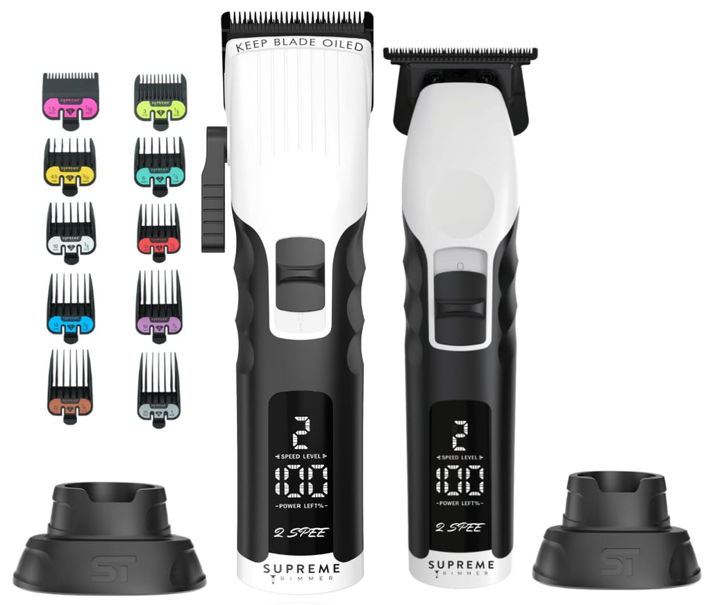 Supreme Trimmer 2-in-1 2Spee Beard Trimmer & Hair Clipper Combo | Removable Blades, 2 Speeds, LCD Display | Cordless Professional Barber Tools - Easy Color Coded Clipper Guide Combs | STB280 (White)