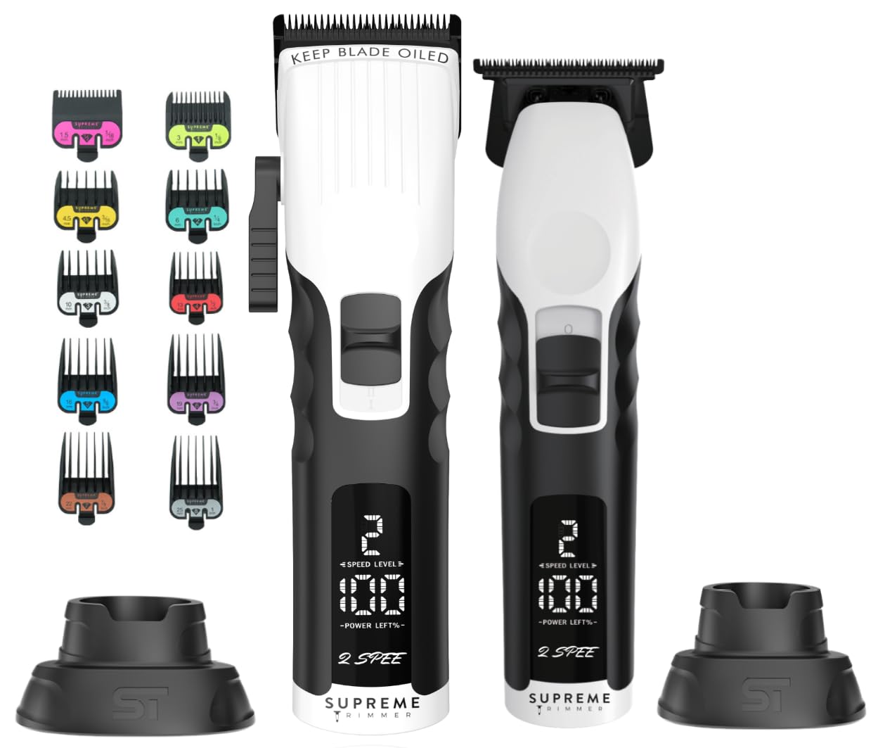 Supreme Trimmer 2-in-1 2Spee Beard Trimmer & Hair Clipper Combo | Removable Blades, 2 Speeds, LCD Display | Cordless Professional Barber Tools - Easy Color Coded Clipper Guide Combs | STB280 (White)