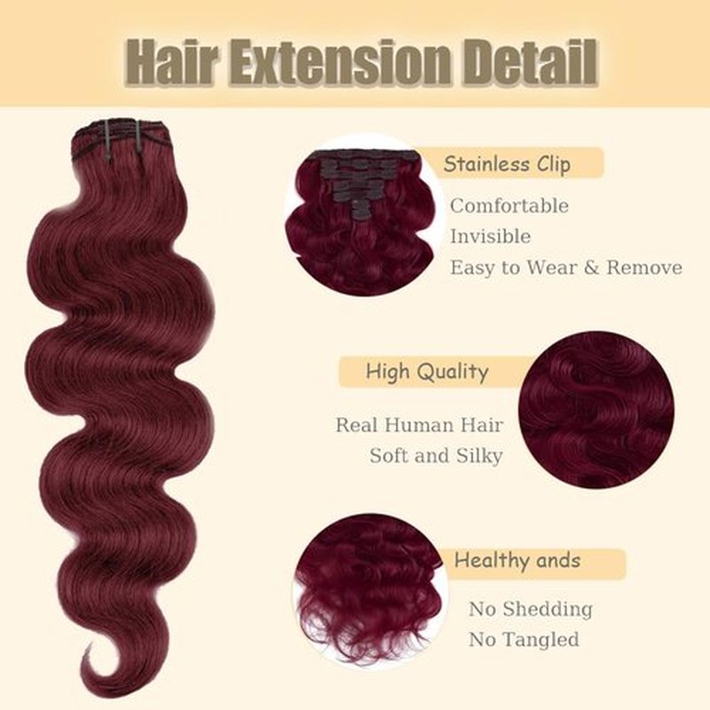 99J Clip in Hair Extensions Human Hair 12 Inch Burgundy Body Wave Clip in Seamless Extensions Human Hair Skin Weft Seamless Invisible Unprocessed Brazilian Virgin Remy Hair 120g