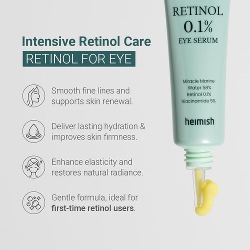 HEIMISH Marine Care Retinol 0.1% Eye Serum - Anti Aging Serum, Eye Serum for Firming, Anti Wrinkle, Skin Elasticity, Hydrating with Retinol, Hyaluronic Acid, Lighweight, Non-sticky, 1.0fl.oz/30ml